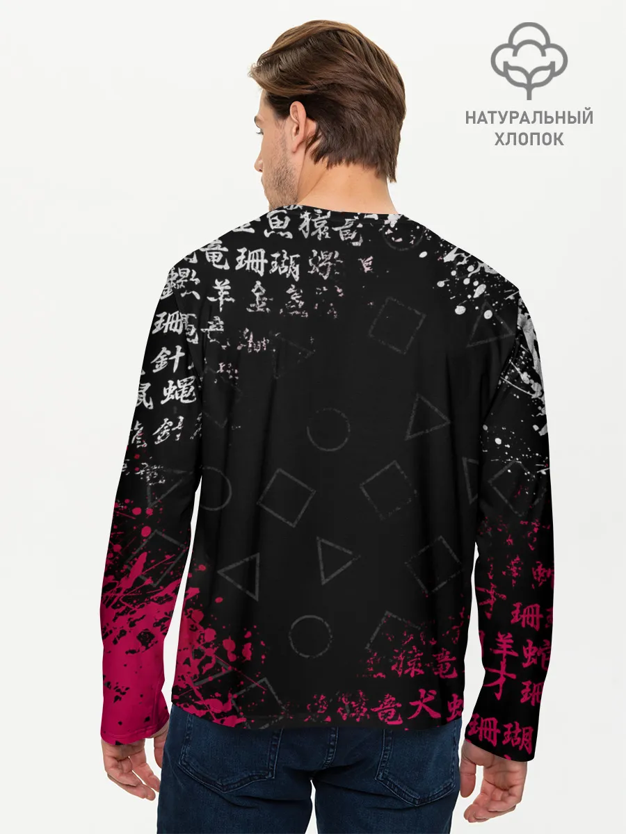 Мужской лонгслив базовый / ИГРА В КАЛЬМАРА БРЫЗГИ КРАСОК / ИЕРОГЛИФЫ