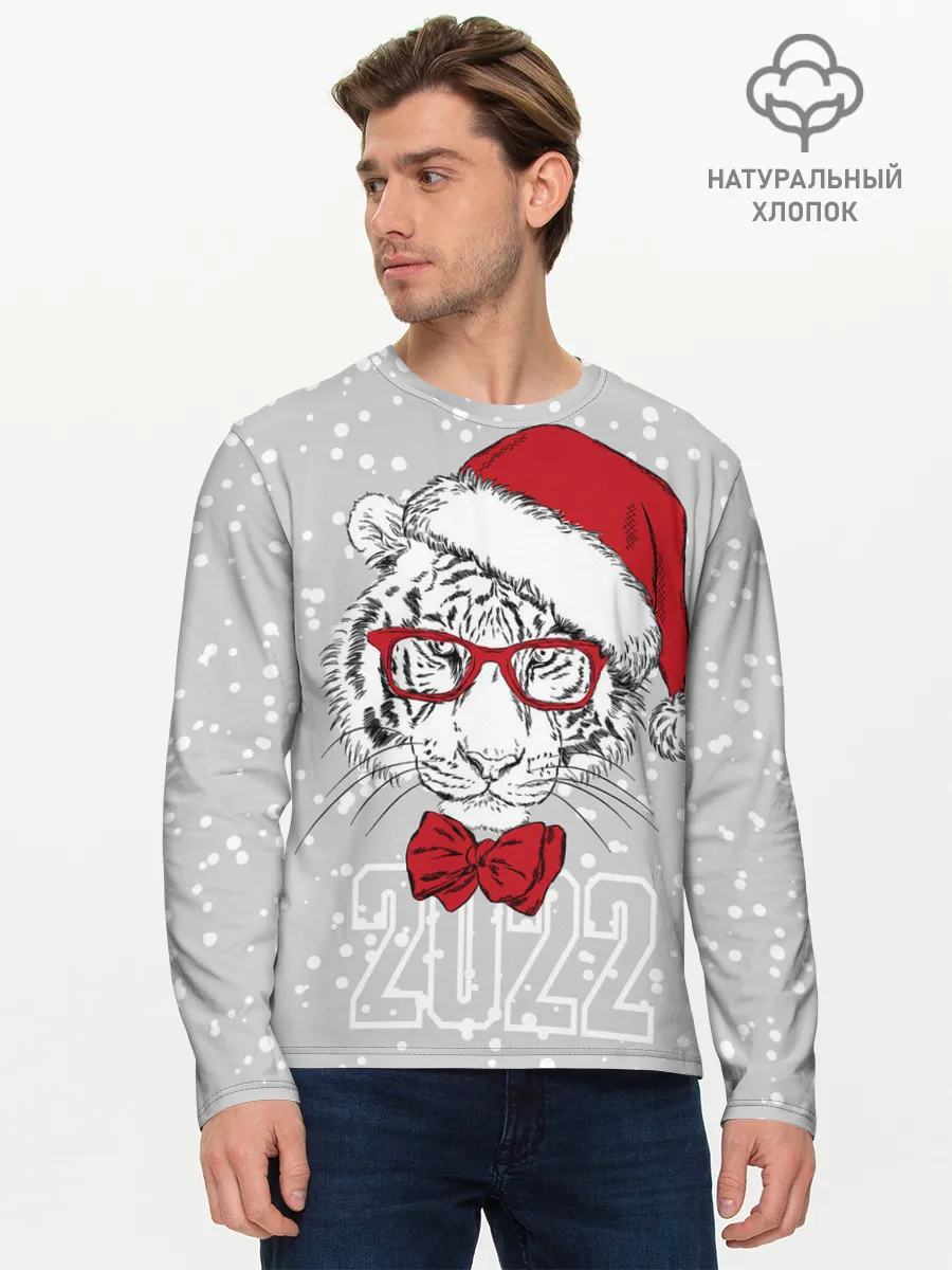 Мужской лонгслив базовый / Белый тигр в шапке Санты