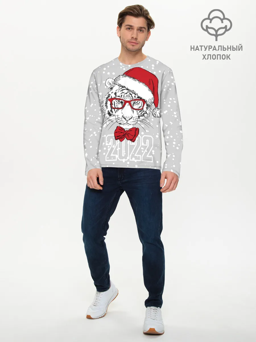 Мужской лонгслив базовый / Белый тигр в шапке Санты