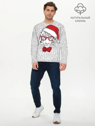 Мужской лонгслив базовый / Белый тигр в шапке Санты