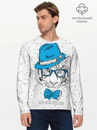Мужской лонгслив базовый / Белый тигр в синей шляпе