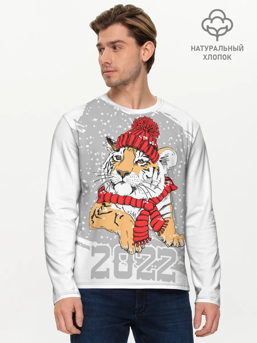 Мужской лонгслив базовый / Тигр в красной шапке