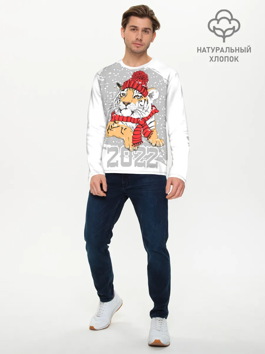 Мужской лонгслив базовый / Тигр в красной шапке
