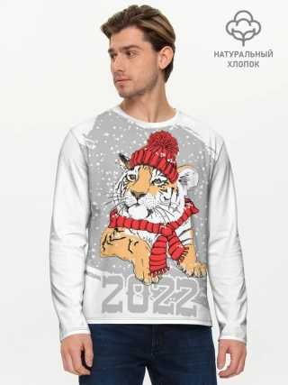 Мужской лонгслив базовый / Тигр в красной шапке