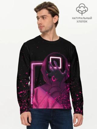 Мужской лонгслив базовый / ИГРА В КАЛЬМАРА НЕОН, СТРАЖ КВАДРАТ 029
