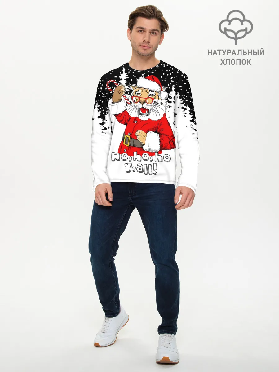 Мужской лонгслив базовый / Тигр в шубе Санта Клауса