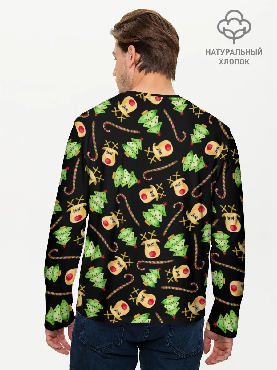 Мужской лонгслив базовый / Олени, елки и карамель