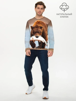 Мужской лонгслив базовый / Медведь с рыбой во рту