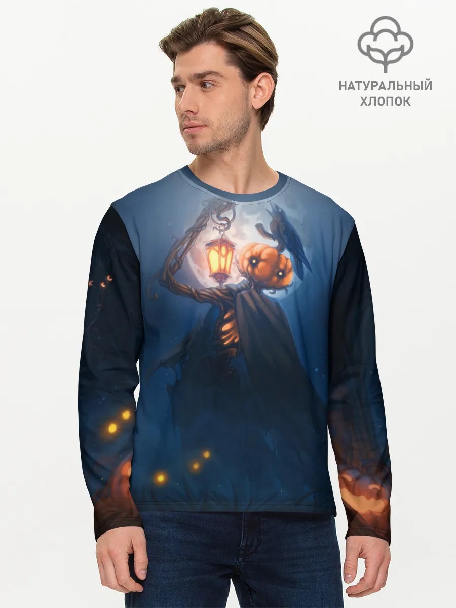 Мужской лонгслив базовый / ТЫКВИННЫЙ МОНСТР В ТУМАНЕ / ХЕЛЛОУИН