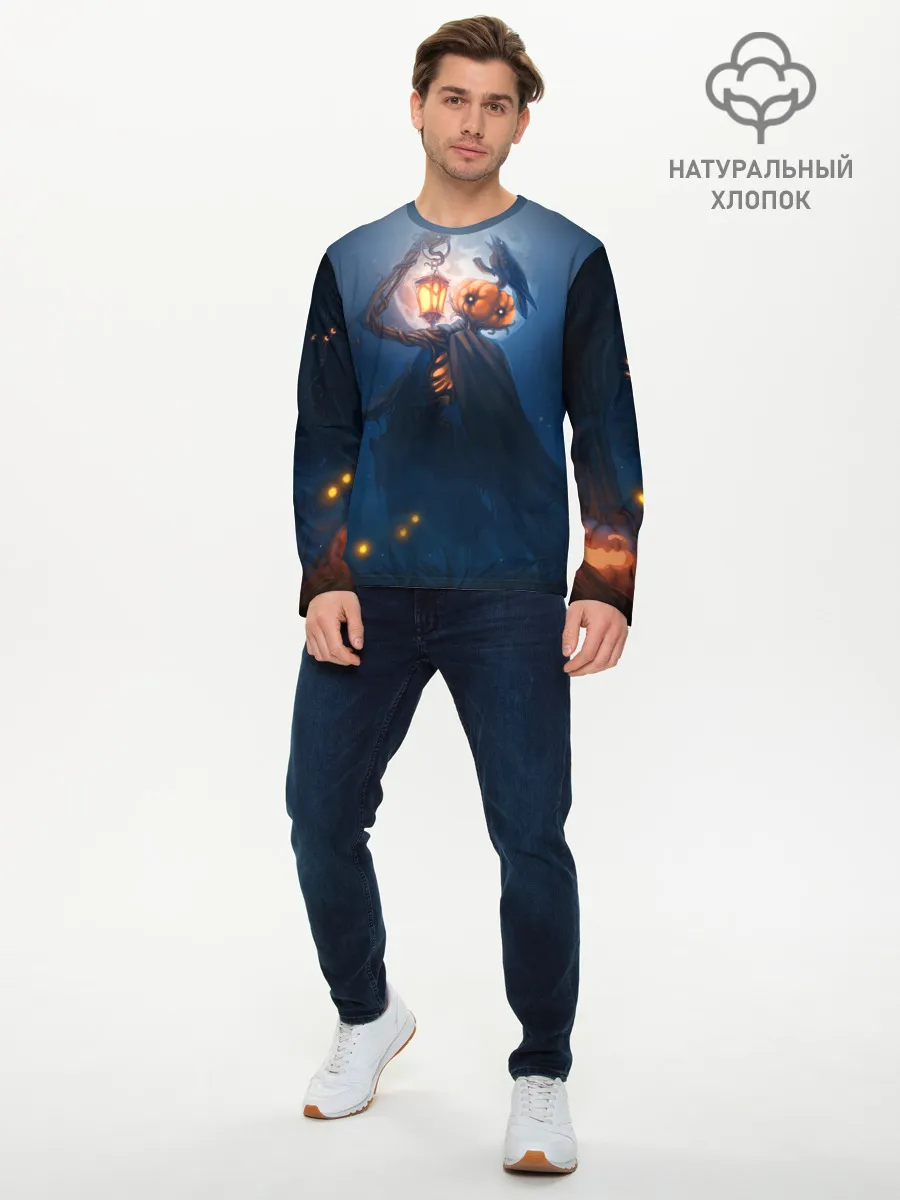 Мужской лонгслив базовый / ТЫКВИННЫЙ МОНСТР В ТУМАНЕ / ХЕЛЛОУИН