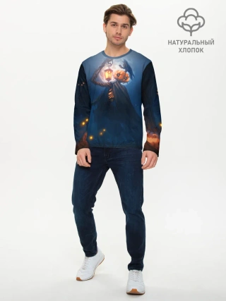 Мужской лонгслив базовый / ТЫКВИННЫЙ МОНСТР В ТУМАНЕ / ХЕЛЛОУИН