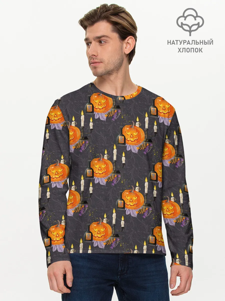 Мужской лонгслив базовый / Хэллоуин - тыквы и свечи