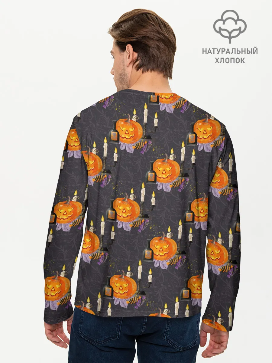 Мужской лонгслив базовый / Хэллоуин - тыквы и свечи