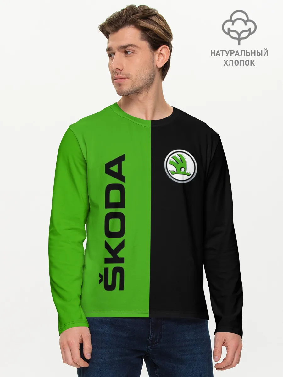 Мужской лонгслив базовый / SKODA черно-зеленый