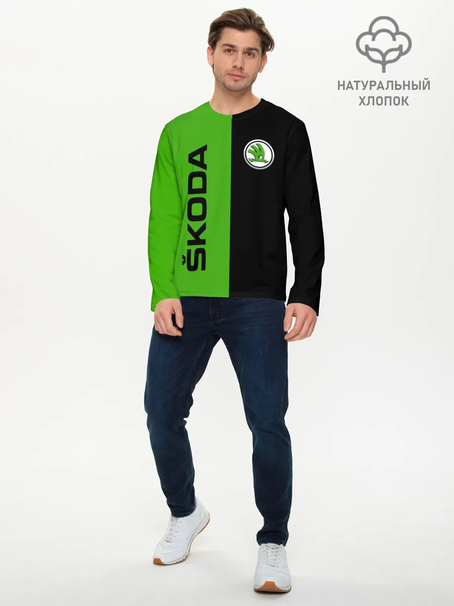 Мужской лонгслив базовый / SKODA черно-зеленый