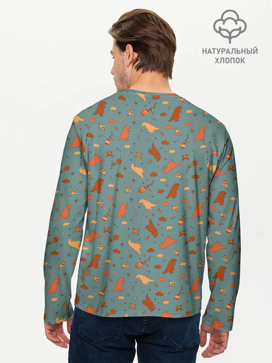 Мужской лонгслив базовый / детский принт с динозаврами и звездами