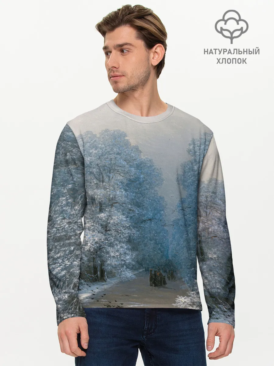 Мужской лонгслив базовый / Зимний пейзаж картина маслом