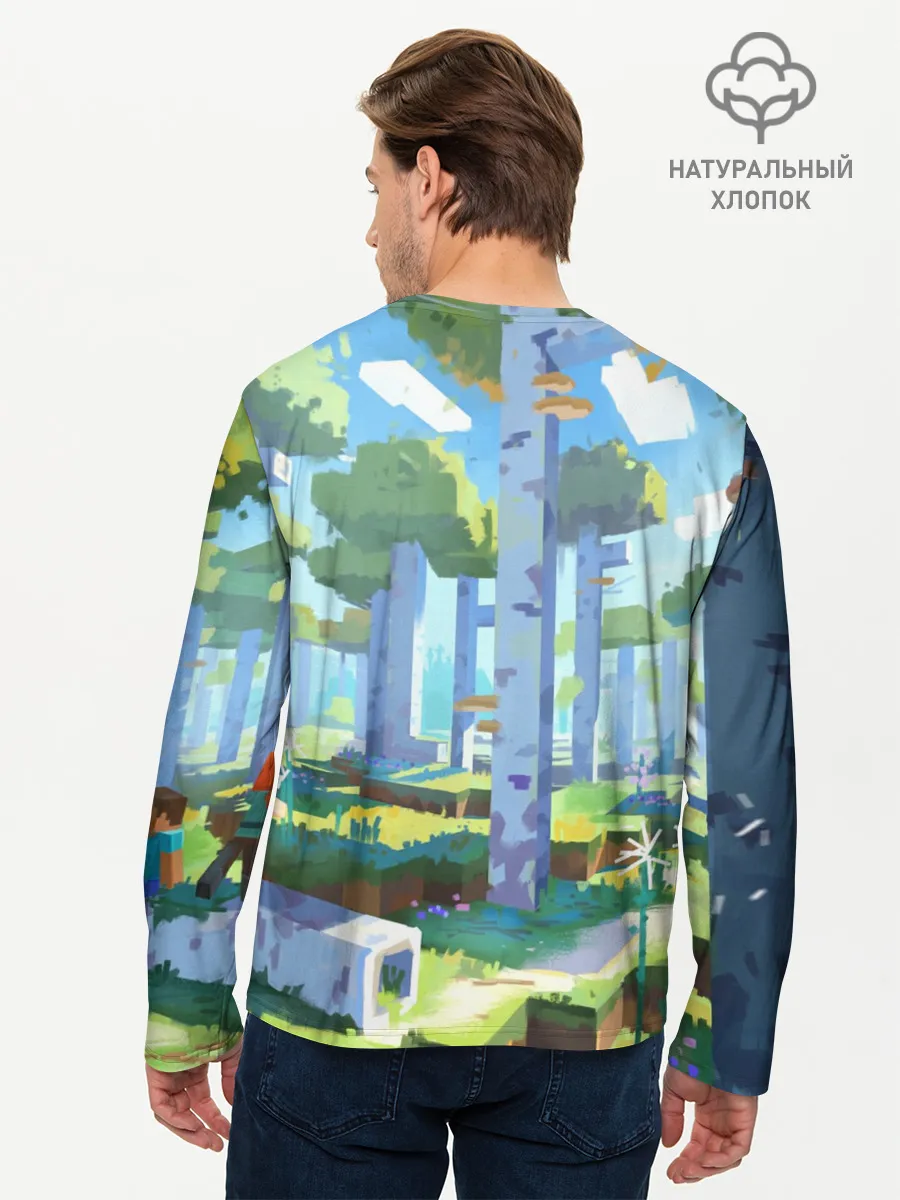 Мужской лонгслив базовый / Майнкрафт на коне в березовом лесу