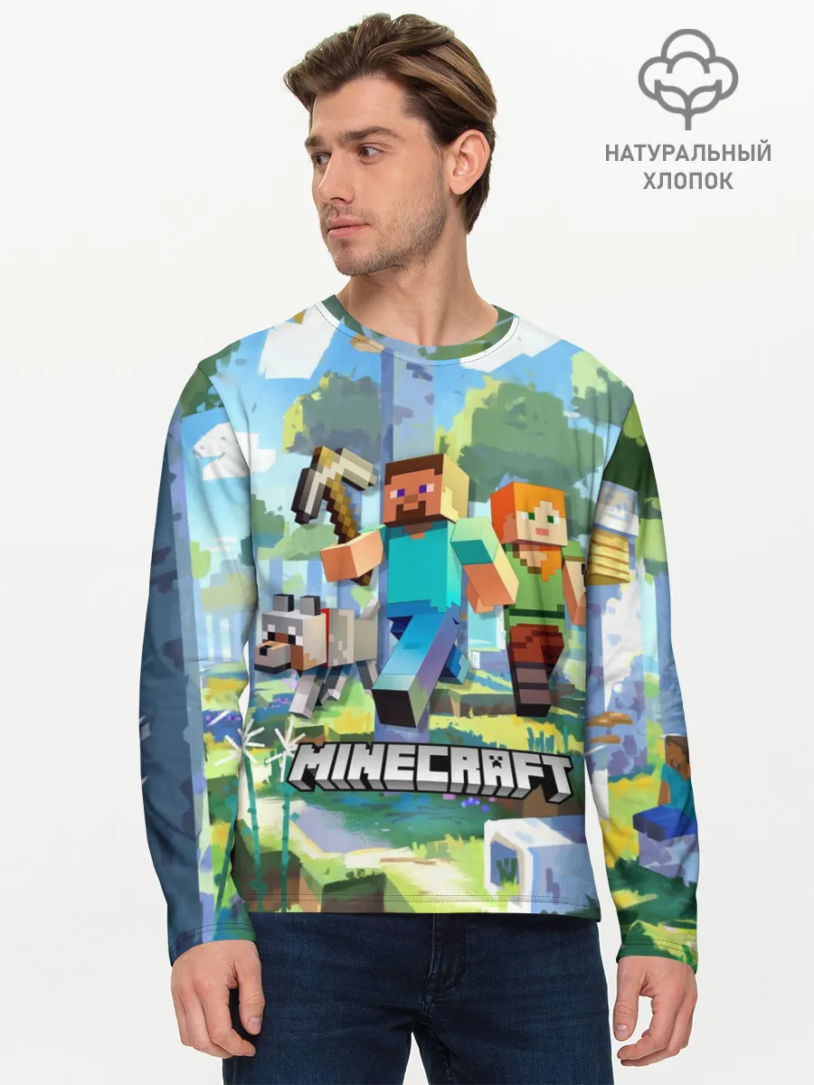 Мужской лонгслив базовый / Манйкрафт, березовый лес