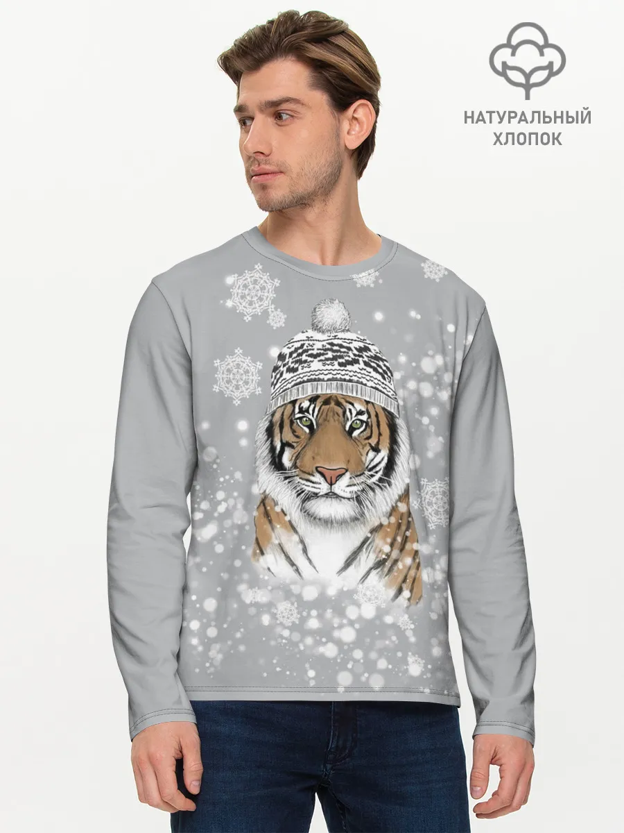 Мужской лонгслив базовый / Снежный тигр
