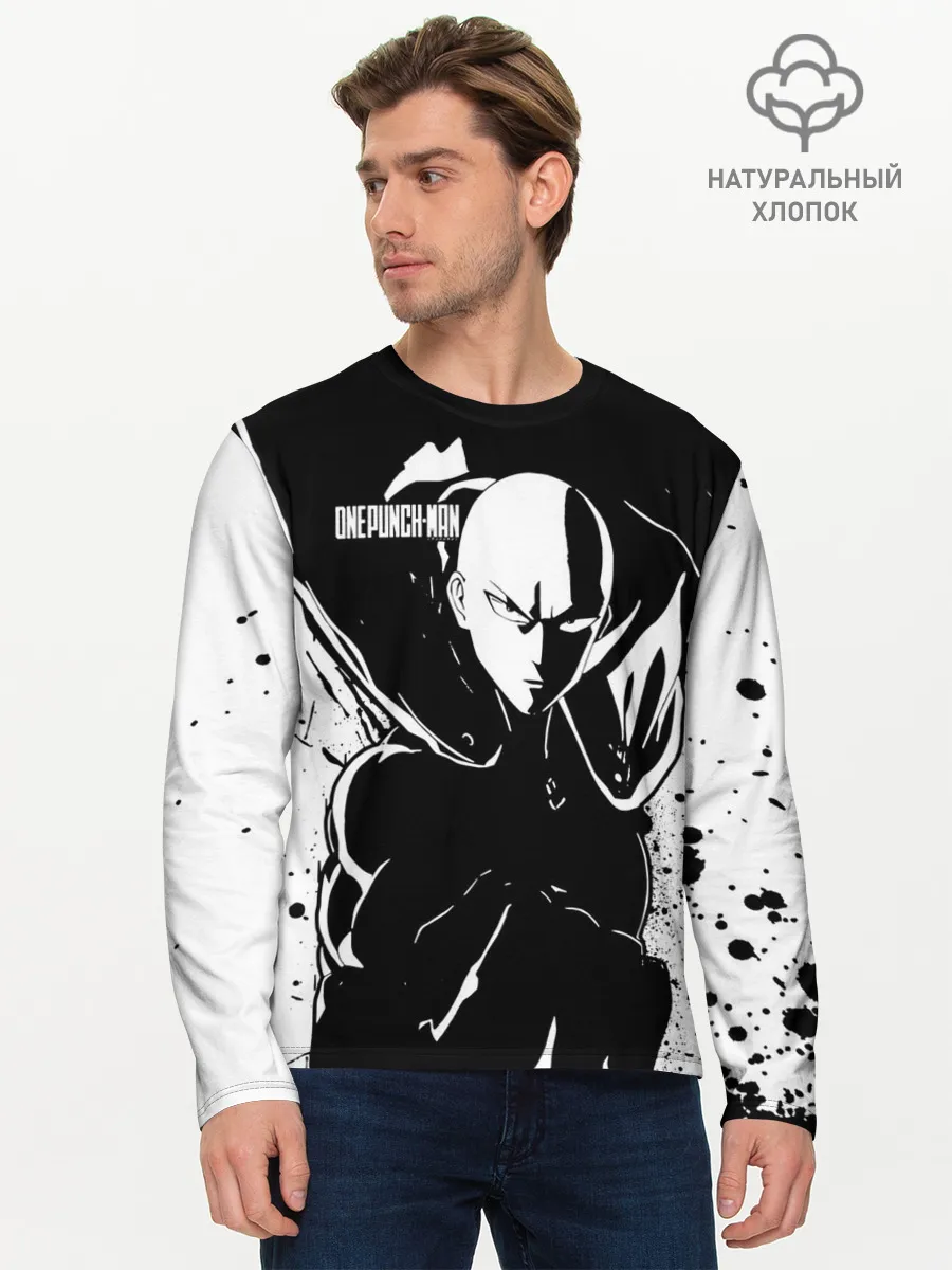 Мужской лонгслив базовый / Черно-белый Сайтама One Punch-Man