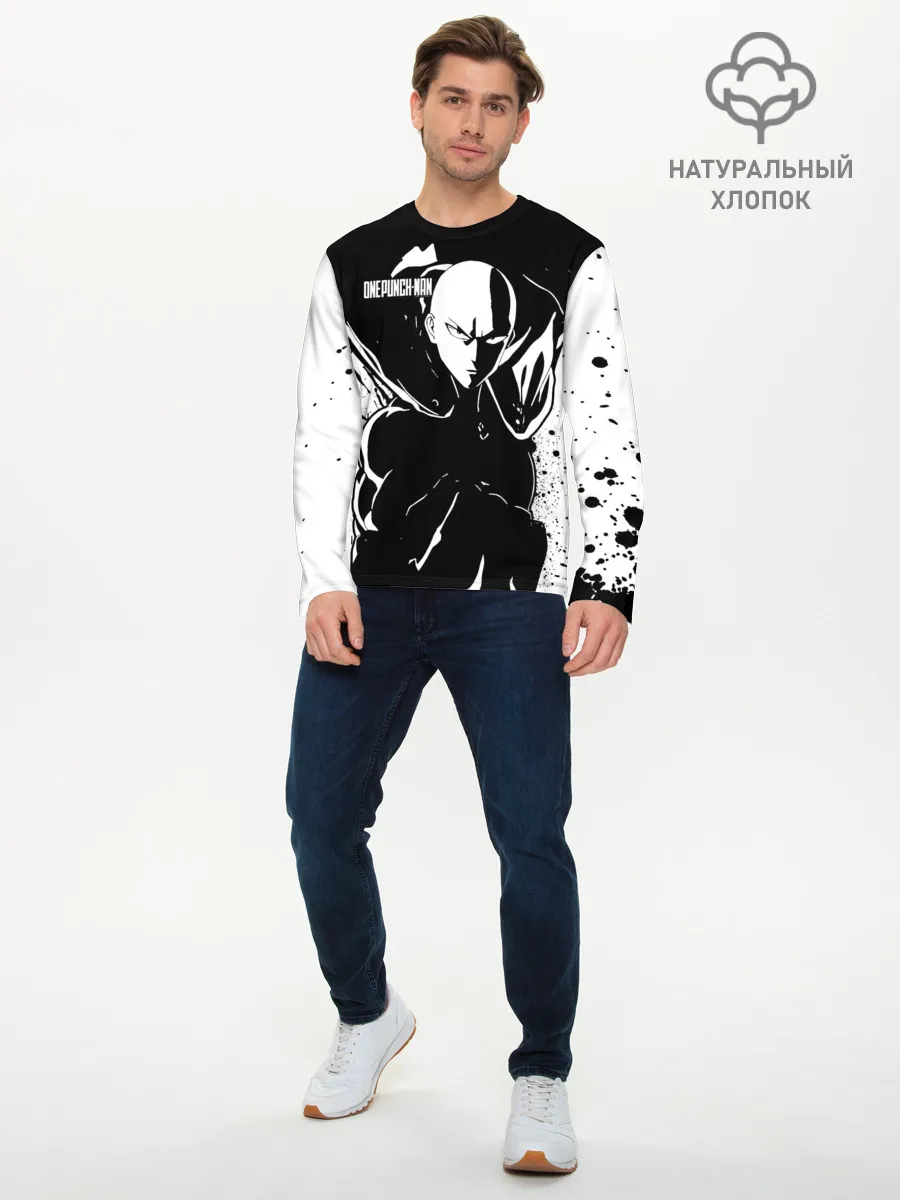 Мужской лонгслив базовый / Черно-белый Сайтама One Punch-Man