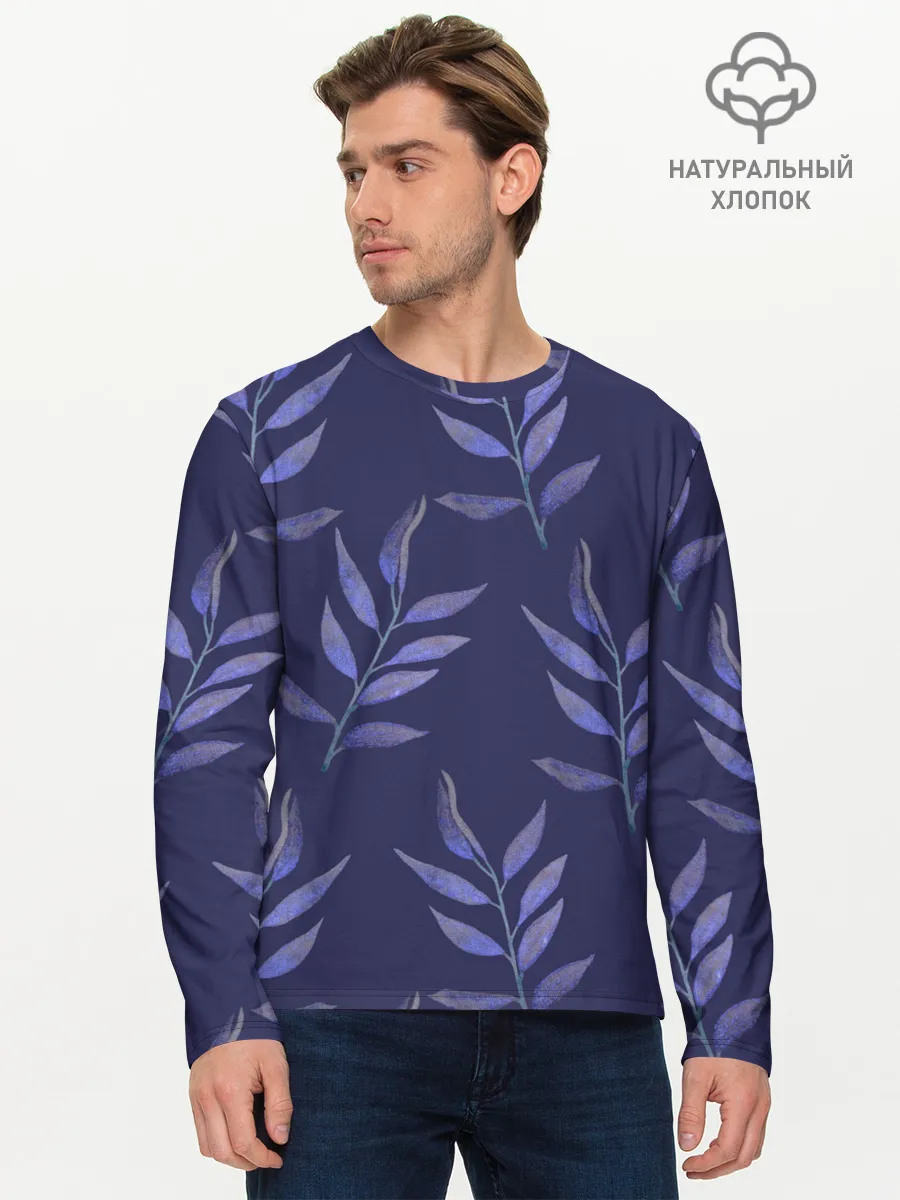 Мужской лонгслив базовый / Листья на темно синем фоне