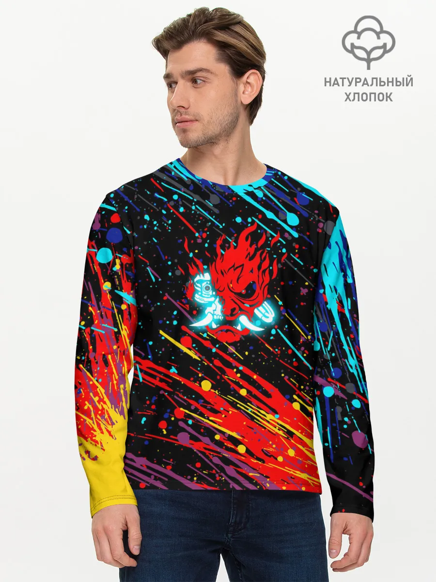 Мужской лонгслив базовый / Cyberpunk 2077 Цветные брызги.