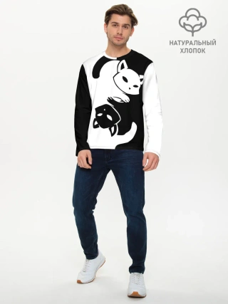 Мужской лонгслив базовый / Черный и белый кот кувыркаются.