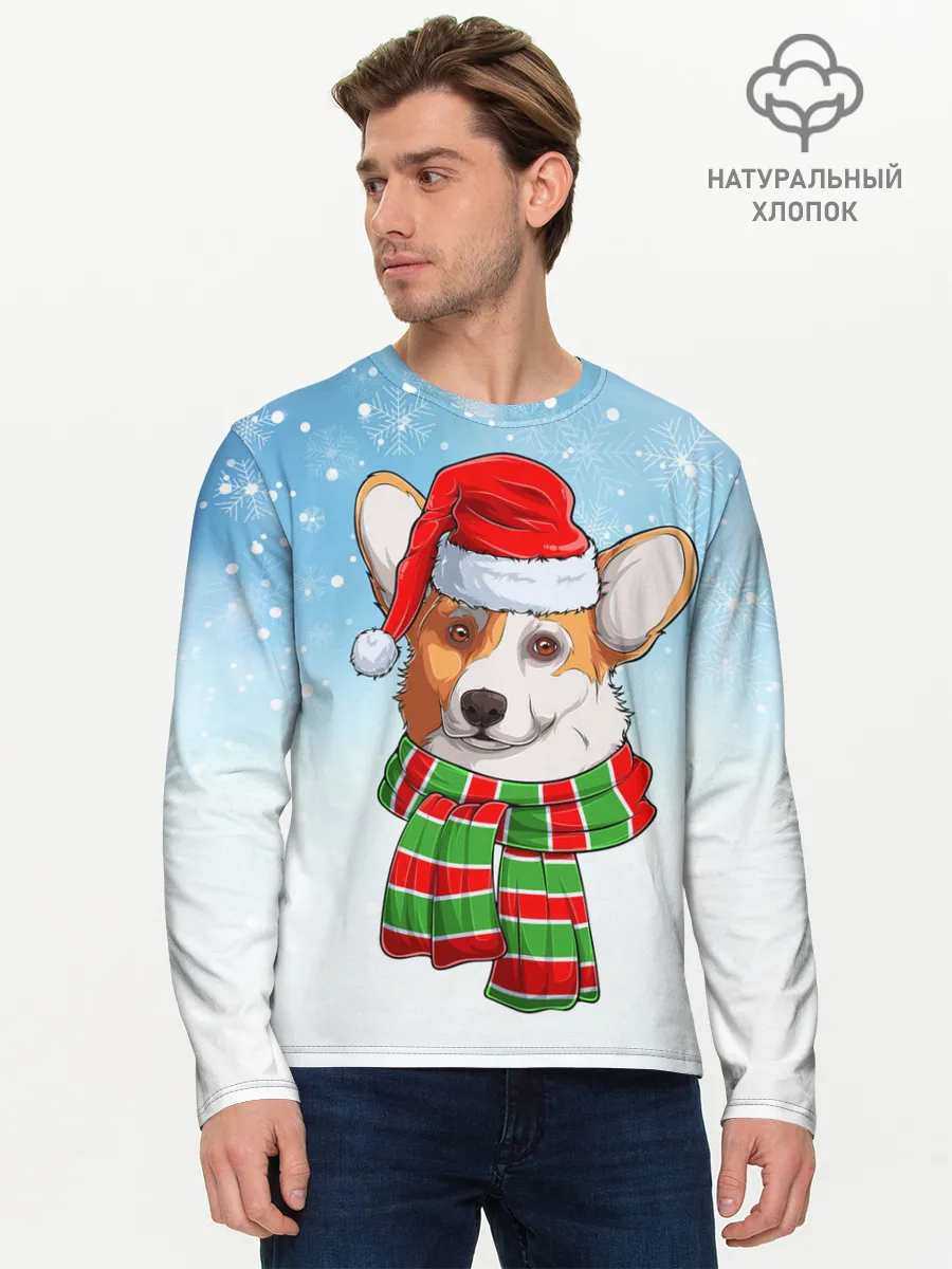 Мужской лонгслив базовый / Новогодний Корги / New Years Corgi