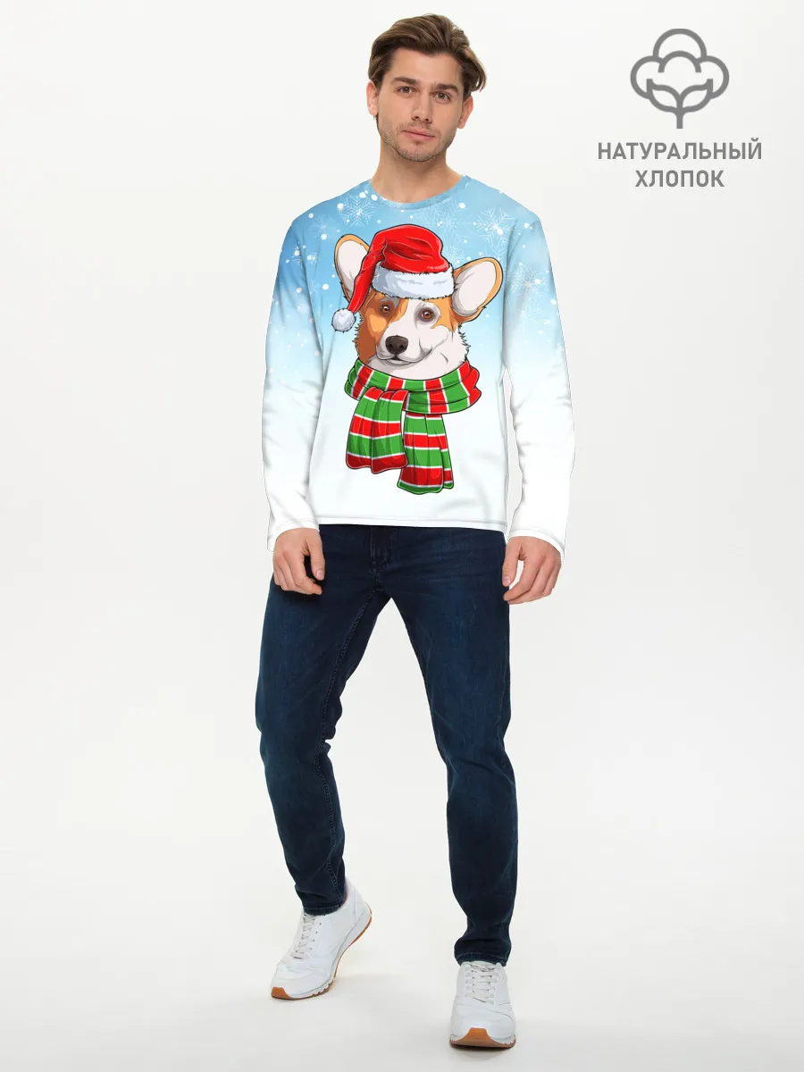Мужской лонгслив базовый / Новогодний Корги / New Years Corgi