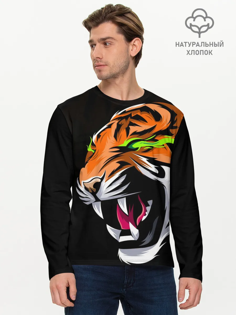 Мужской лонгслив базовый / Тигр, с зелеными глазами