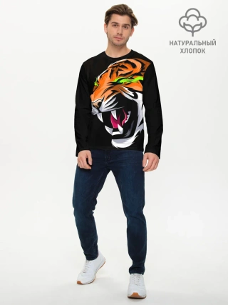 Мужской лонгслив базовый / Тигр, с зелеными глазами