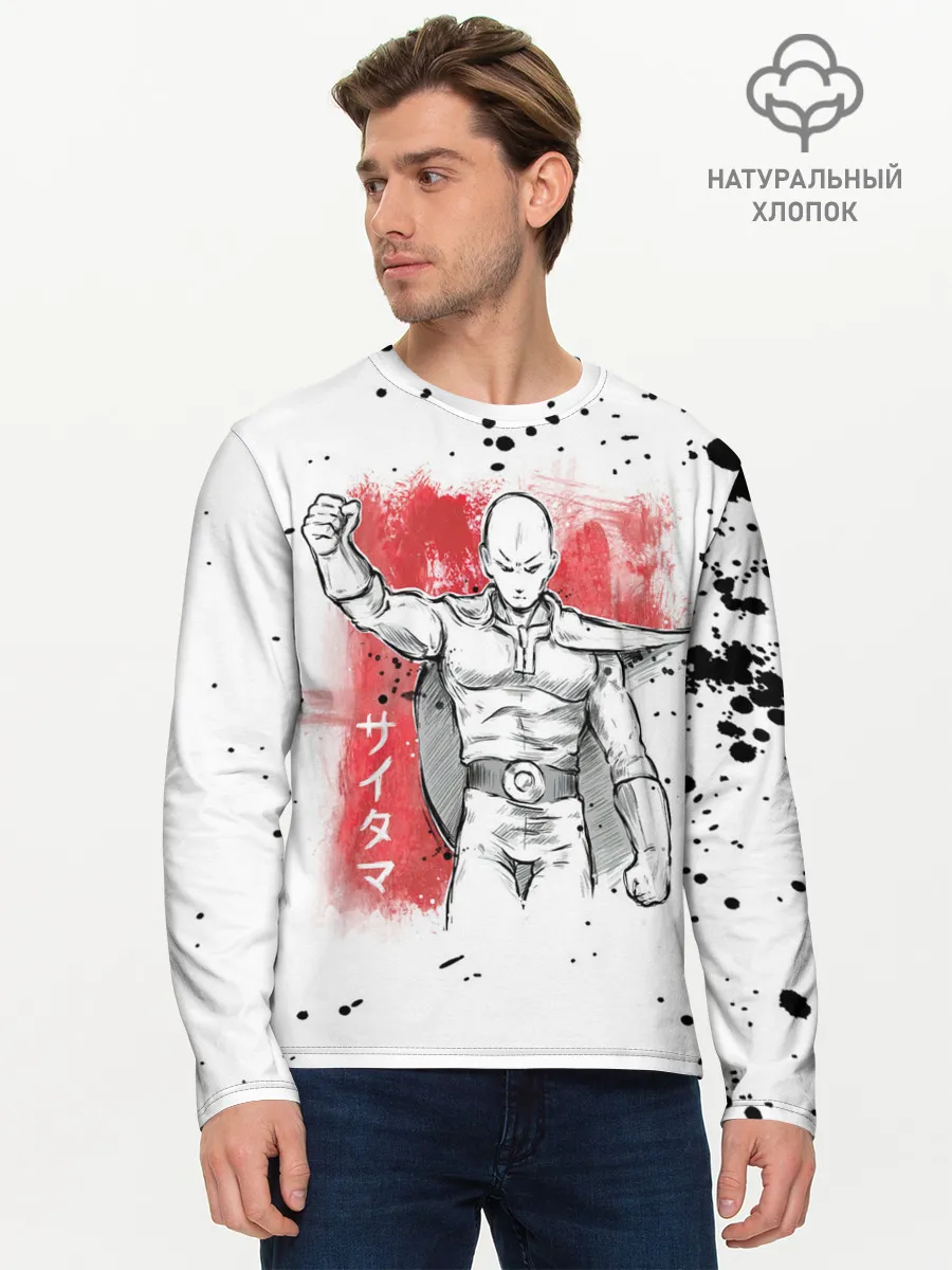 Мужской лонгслив базовый / One Punch-Man черные брызги Сайтама