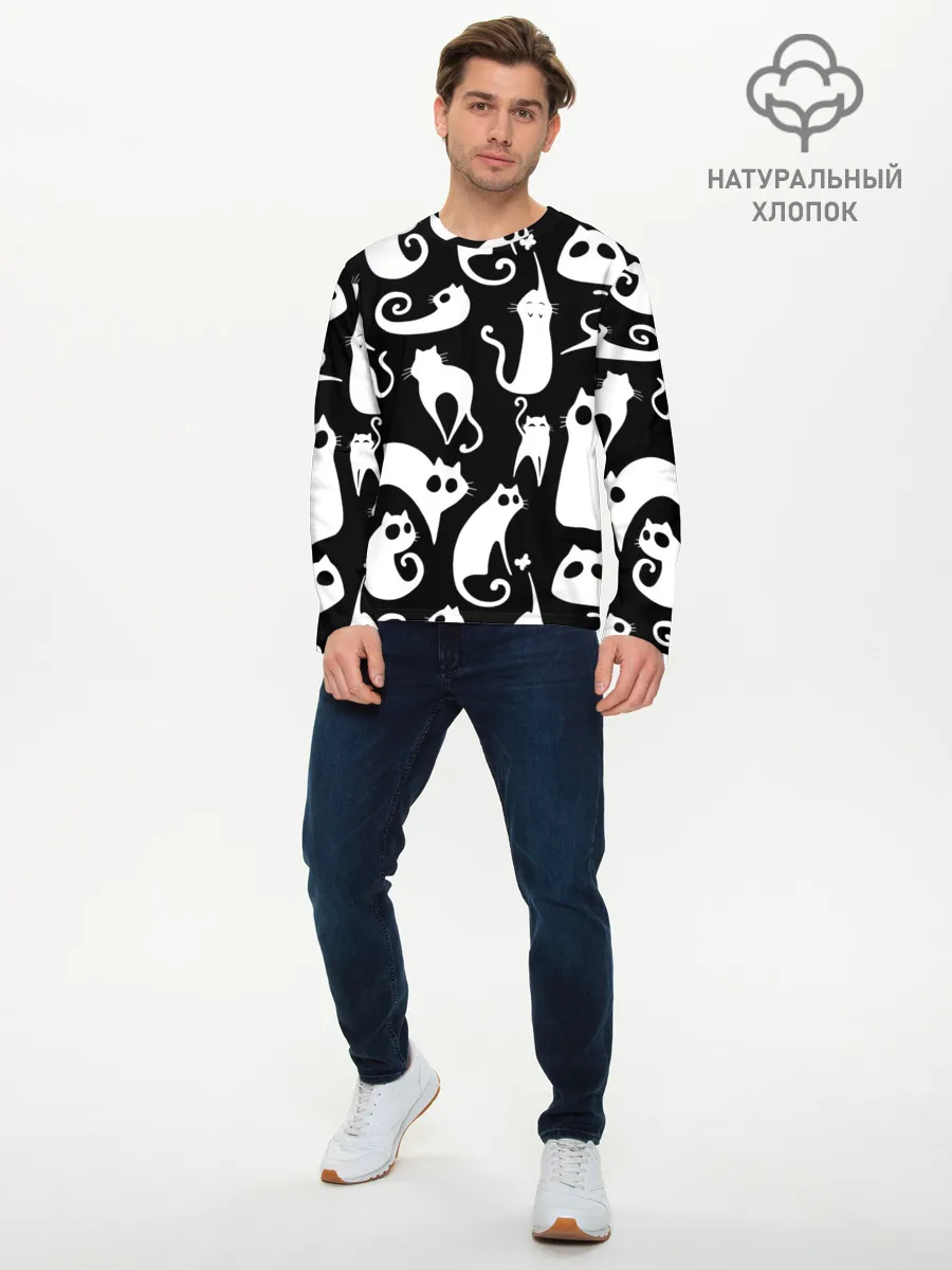 Мужской лонгслив базовый / Белые коты на черном фоне