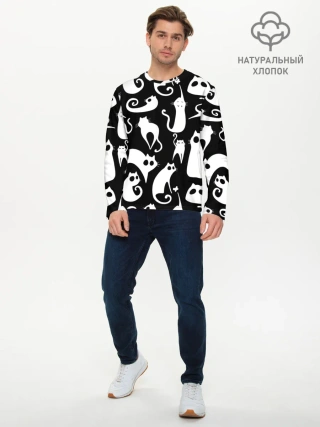 Мужской лонгслив базовый / Белые коты на черном фоне