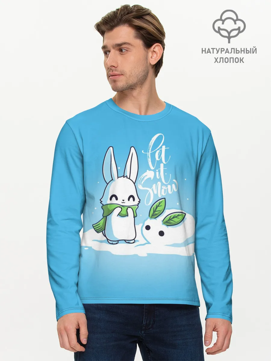 Мужской лонгслив базовый / Let it snow. Зайчик и снежок