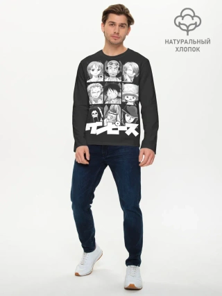 Мужской лонгслив базовый / иероглифы One Piece