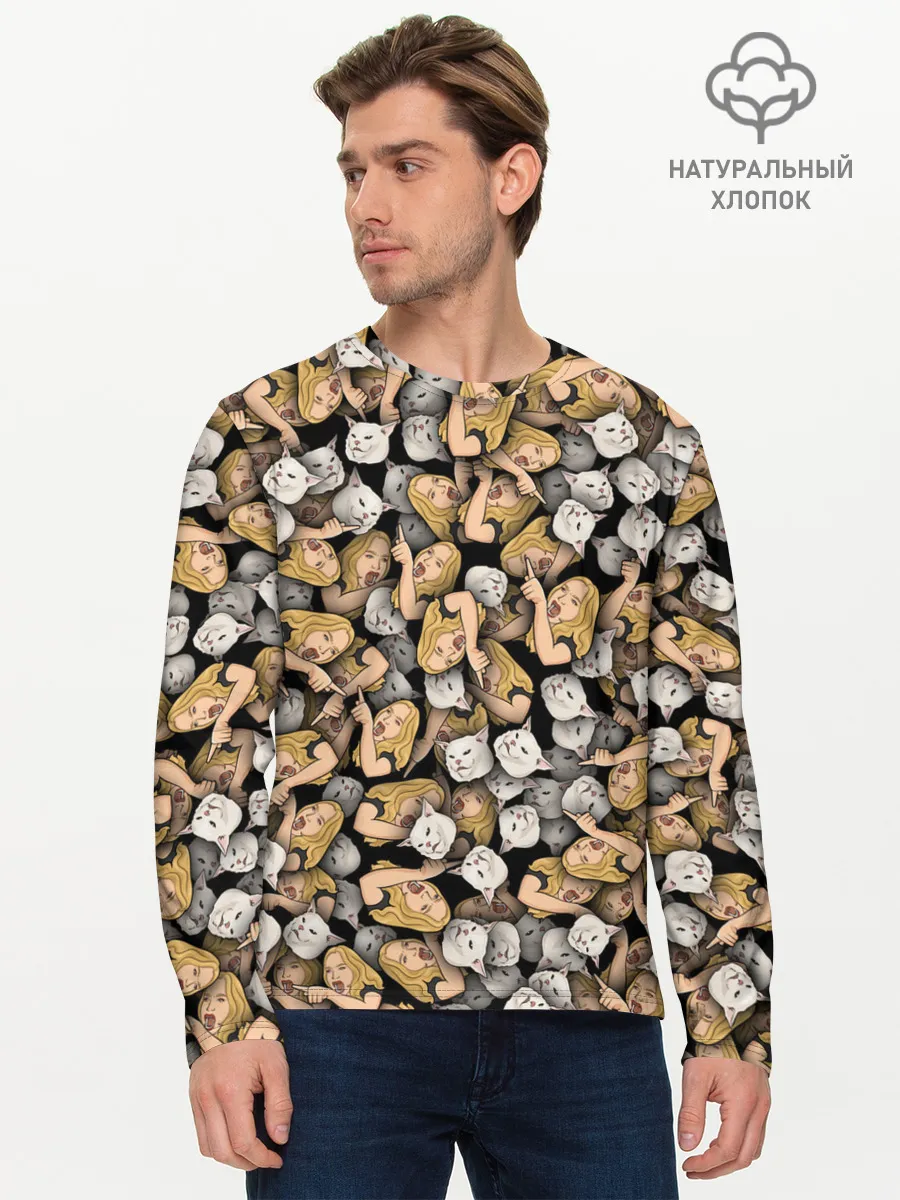 Мужской лонгслив базовый / Woman Yelling at a Cat