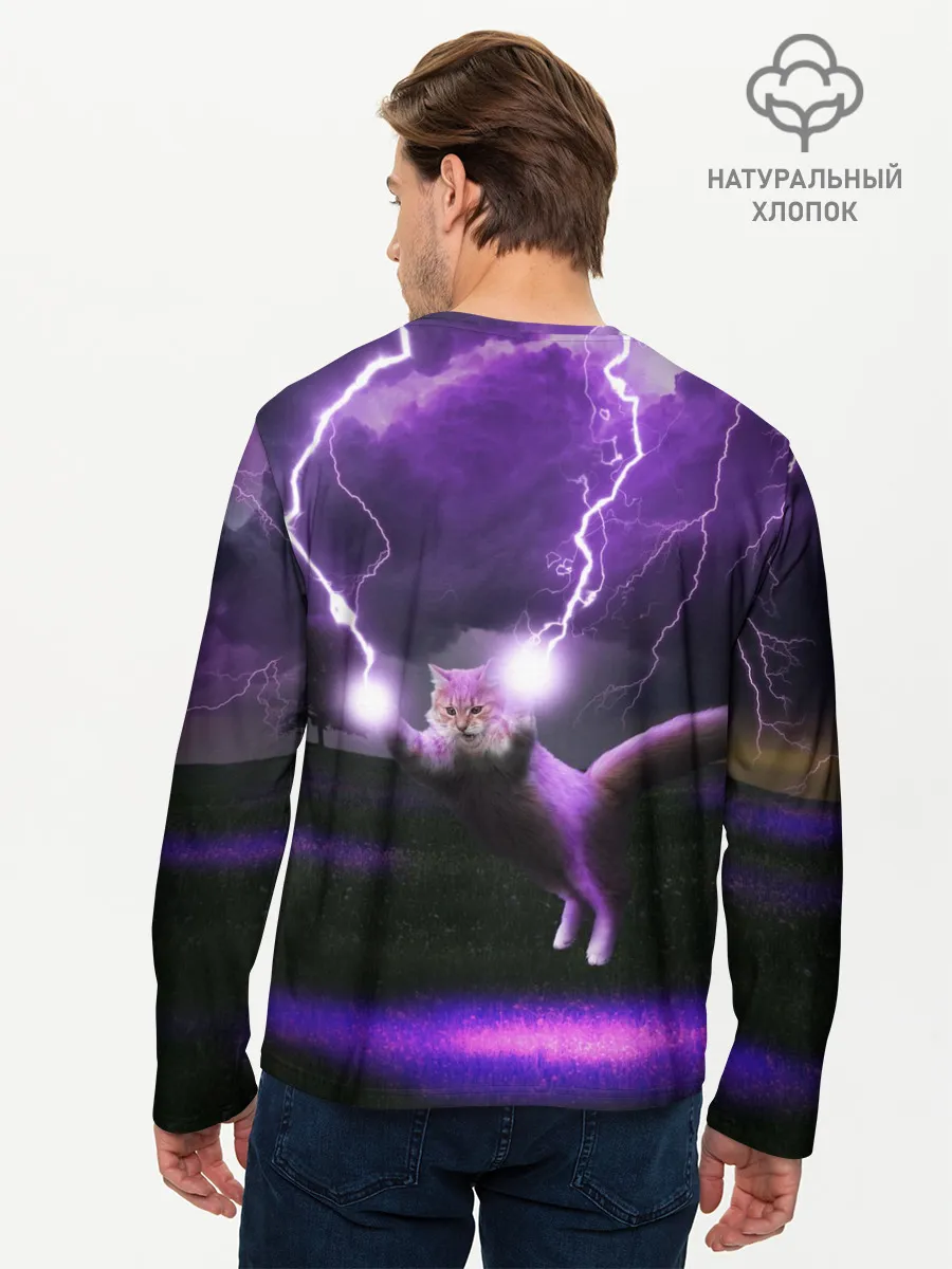 Мужской лонгслив базовый / Кот и Молнии