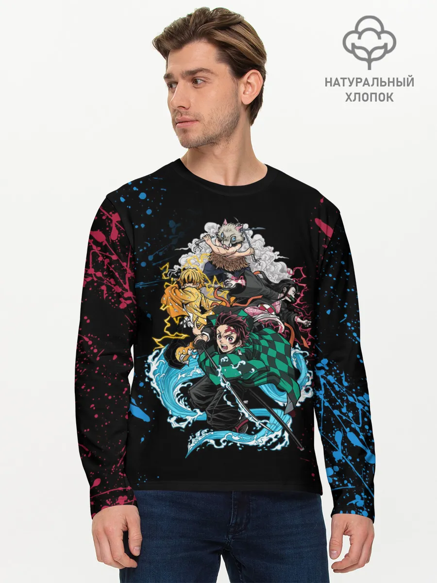 Мужской лонгслив базовый / Kimetsu no yaiba красносиние брызги