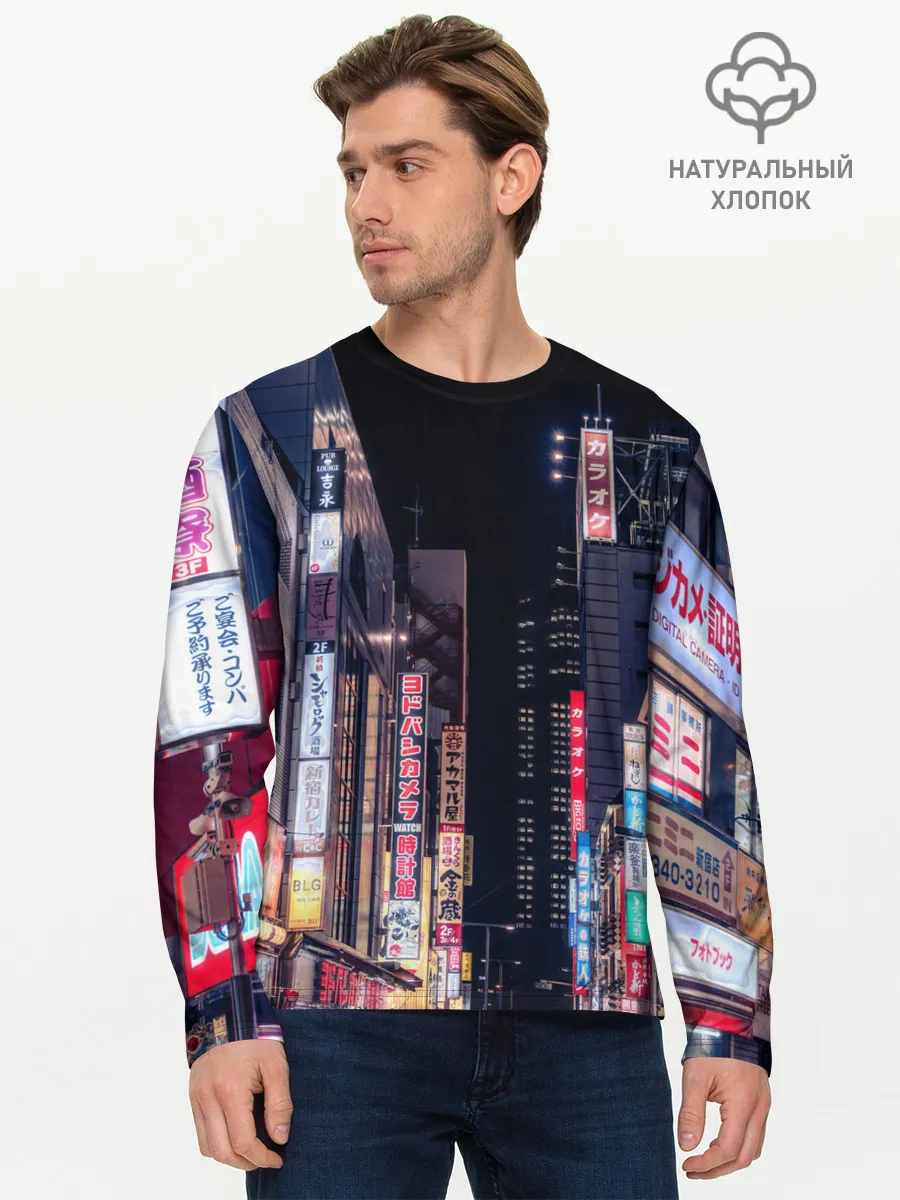Мужской лонгслив базовый / Ночной Токио