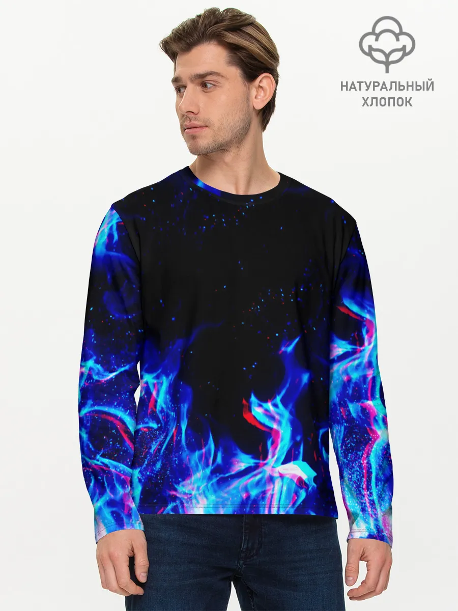 Мужской лонгслив базовый / СИНИЙ ОГОНЬ ГЛИТЧ | BLUE FIRE GLITCH