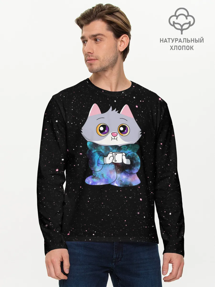 Мужской лонгслив базовый / Котёнок в пледе