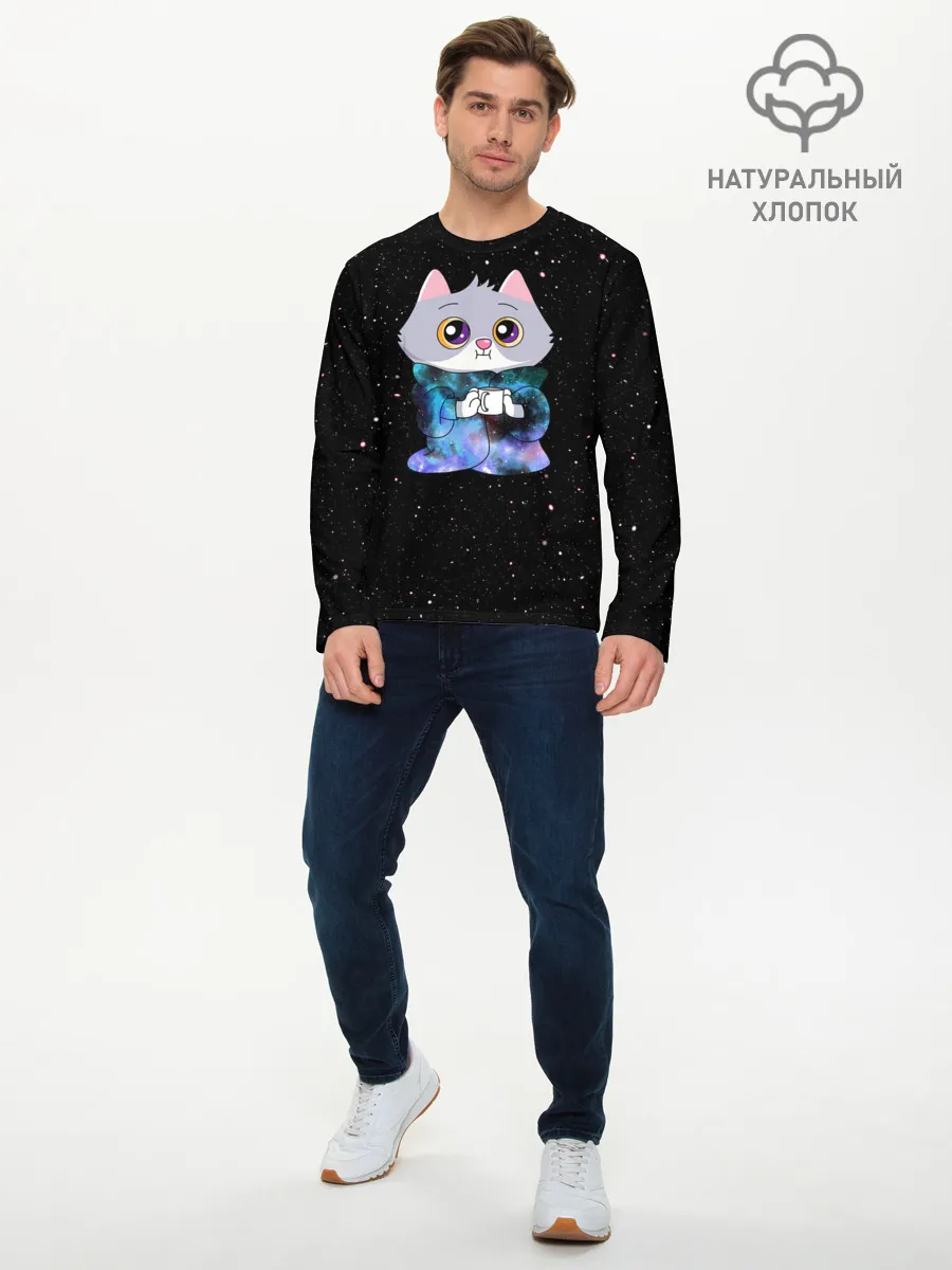 Мужской лонгслив базовый / Котёнок в пледе