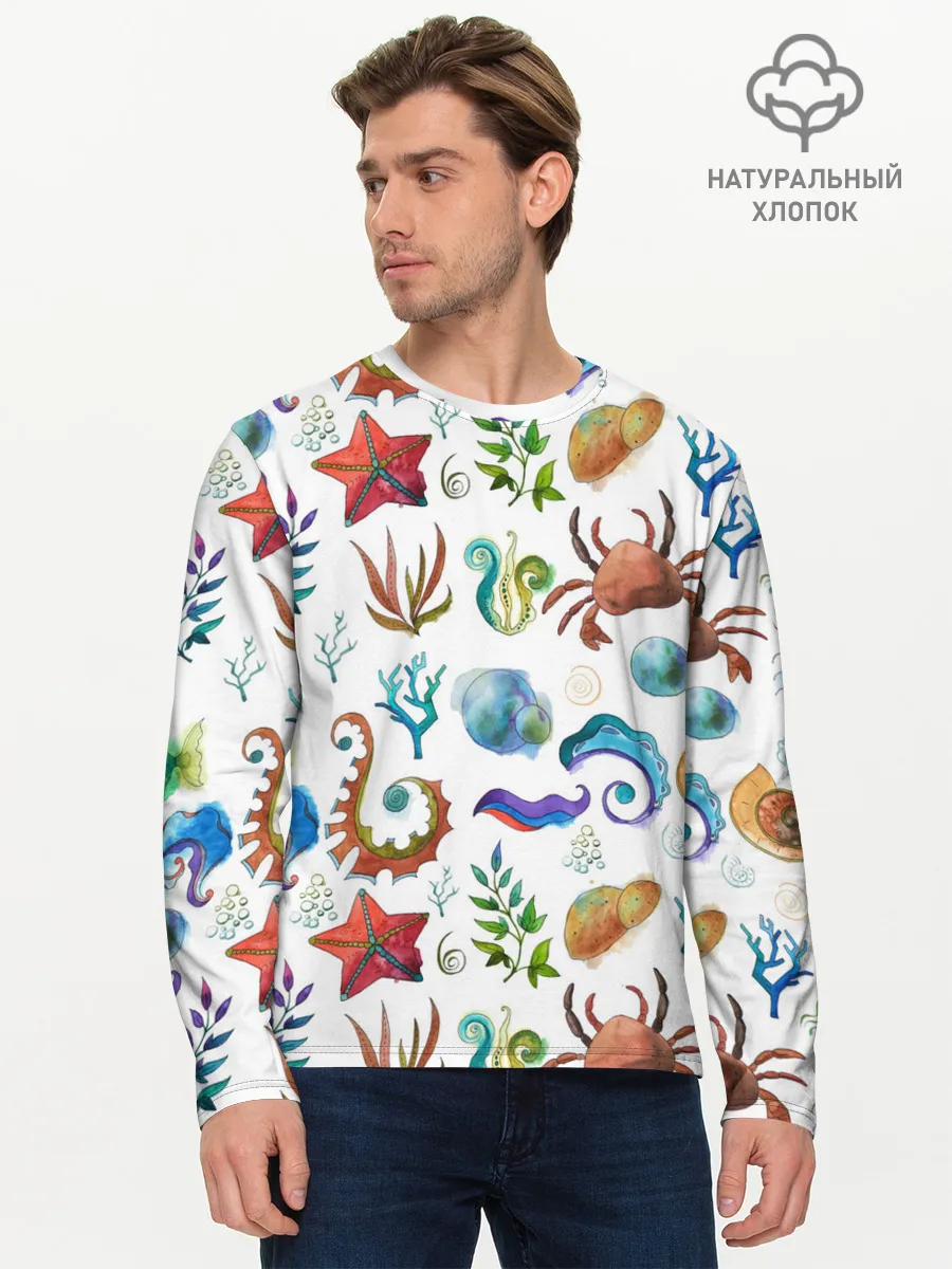 Мужской лонгслив базовый / Морской паттерн с крабами и водорослями
