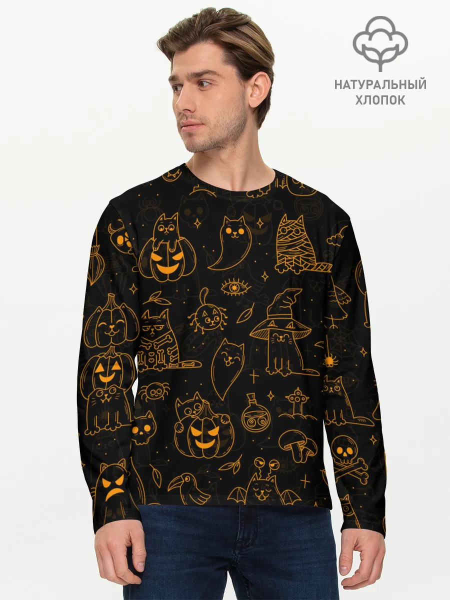 Мужской лонгслив базовый / ХЕЛЛОУИН ПАТТЕРН КОТИКИ / HALLOWEEN KITTY