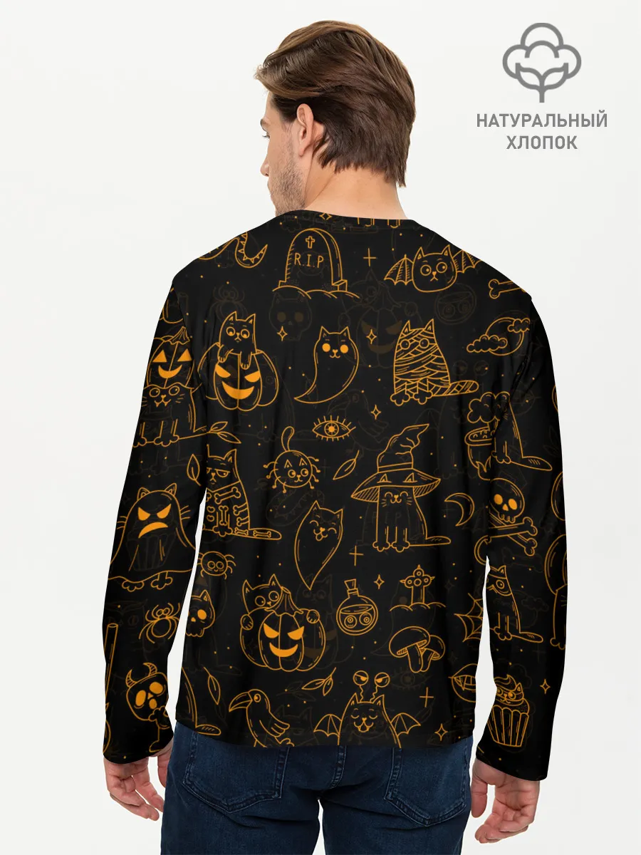 Мужской лонгслив базовый / ХЕЛЛОУИН ПАТТЕРН КОТИКИ / HALLOWEEN KITTY