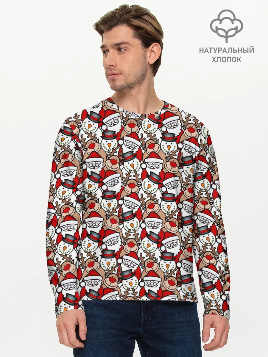 Мужской лонгслив базовый / Дед Мороз, Снеговик, Олень