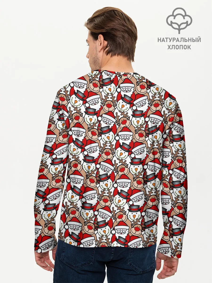 Мужской лонгслив базовый / Дед Мороз, Снеговик, Олень